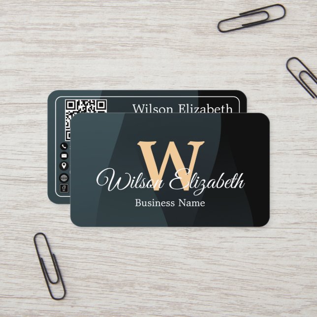 Modern elegant monogrammed QR code business cards (Front/Back In Situ)