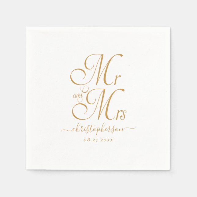 Modern Elegant Mr and Mrs Gold Script Wedding Napkin (Front)