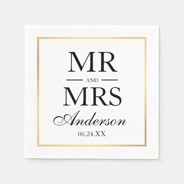 Modern Elegant Mr. and Mrs. Wedding BWG Napkin (Front)