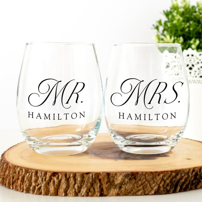 Modern Elegant Mr. and Mrs. Wedding Newlyweds Stemless Wine Glass (Creator Uploaded)