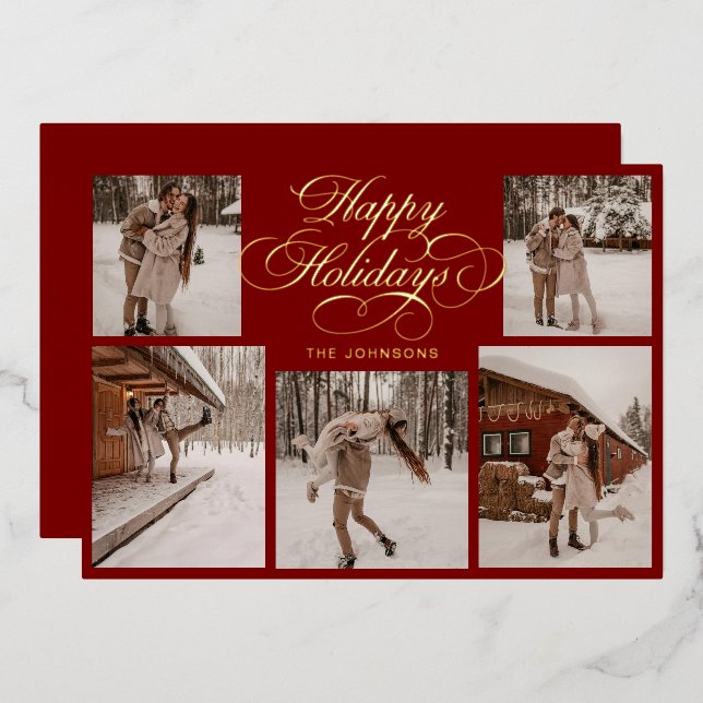 Modern Elegant Multi Photo Collage Christmas Foil Holiday Card (Front/Back)
