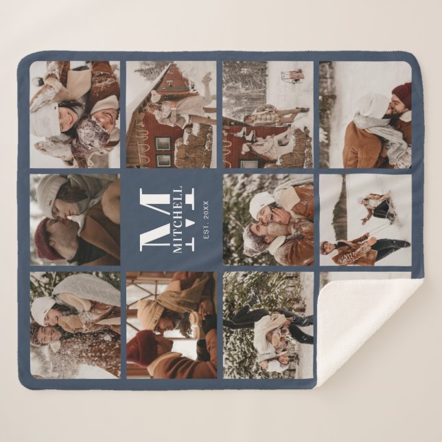 Modern Elegant Multi Photo Collage Navy Blue Sherpa Blanket (Front (Horizontal))