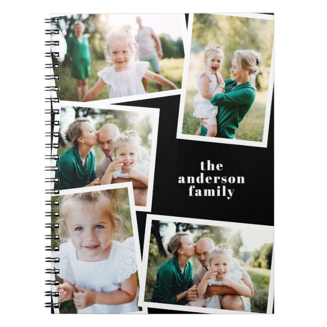 Modern elegant multi photo family stylish black notebook (Front)