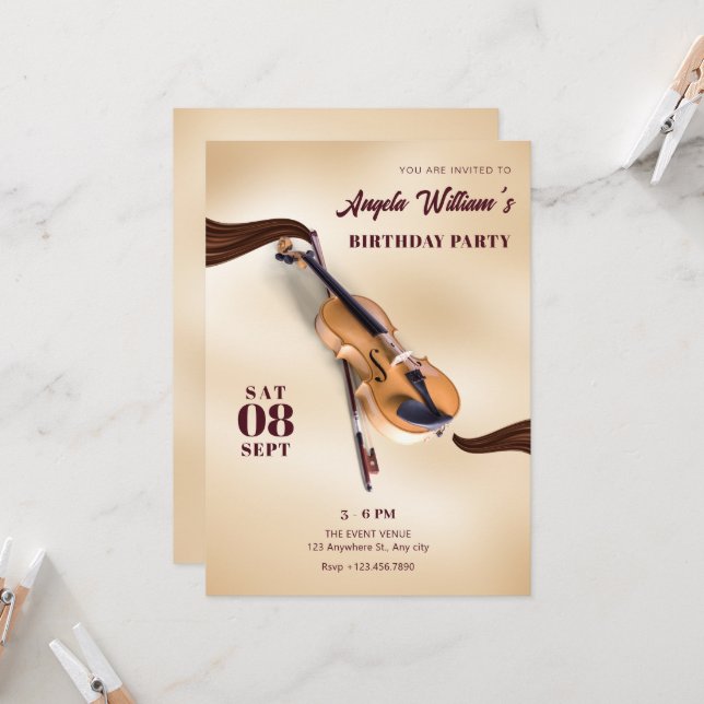 Modern Elegant Musical Instrument violin birthday Invitation (Front/Back In Situ)