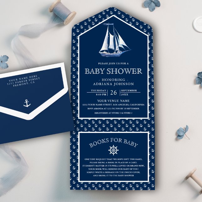 Modern Elegant Nautical Ship Navy Blue Baby Shower All In One Invitation (Creator Uploaded)
