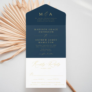 Modern Elegant Navy and Gold Foil Monogram Wedding All In One Invitation