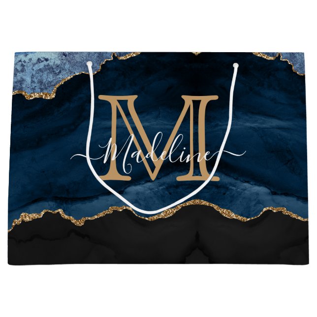 Modern Elegant Navy Blue Agate Geode Monogram Large Gift Bag (Front)