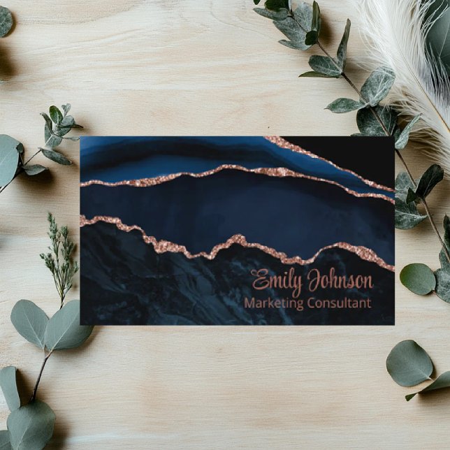 Modern Elegant Navy Blue Agate Rose Gold Glitter Business Card (Creator Uploaded)