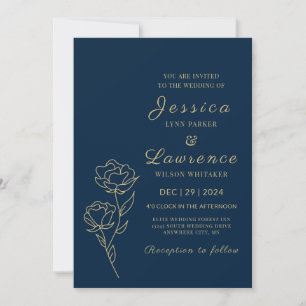 Modern Elegant Navy blue and gold Floral Wedding Invitation