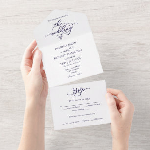 Modern Elegant Navy Blue Calligraphy Wedding All In One Invitation