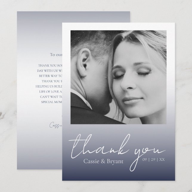 Modern Elegant Navy Blue Chic Wedding Thank You Card (Front/Back)