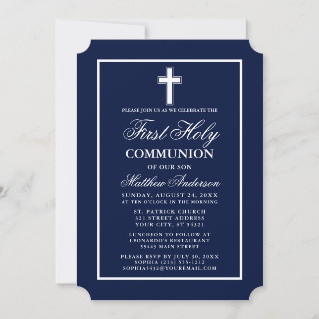 Modern Elegant Navy Blue First Holy Communion Invitation (Front)