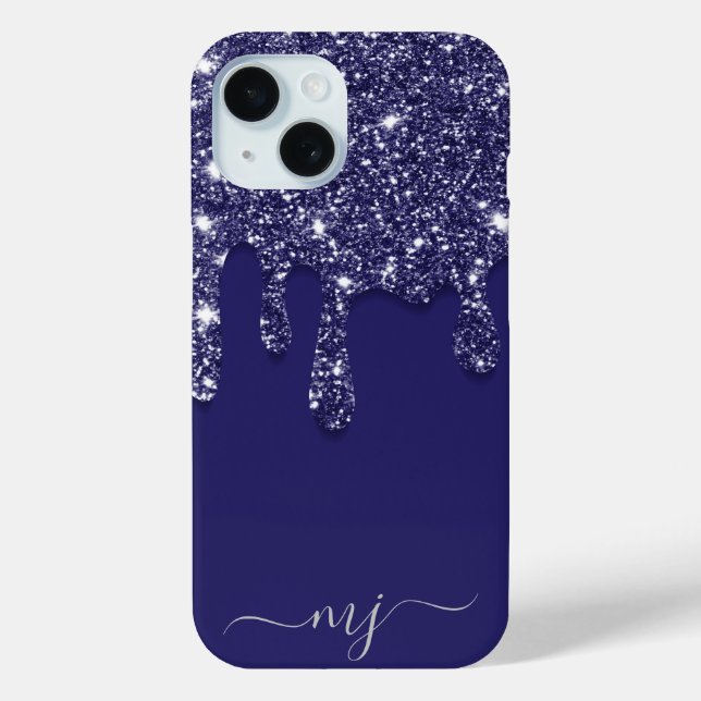 Modern Elegant Navy Blue Glitter Dripping Case-Mate iPhone Case (Back)