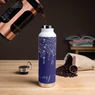 Modern Elegant Navy Blue Glitter Dripping Initials Water Bottle