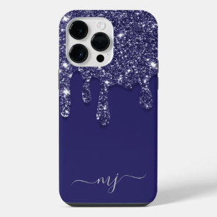 Modern Elegant Navy Blue Glitter Dripping iPhone 14 Pro Max Case