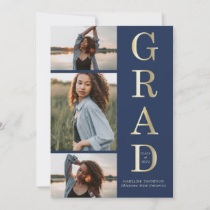 Modern Elegant Navy Blue Gold 3 Photo Graduation Invitation