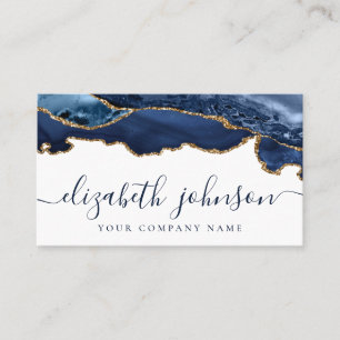 Modern Elegant Navy Blue Gold Glitter Agate Marble Business Card