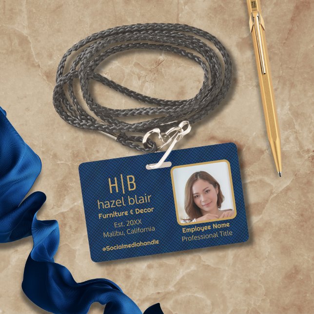 Modern Elegant Navy Blue Gold  Monogram Squares ID Badge (Creator Uploaded)