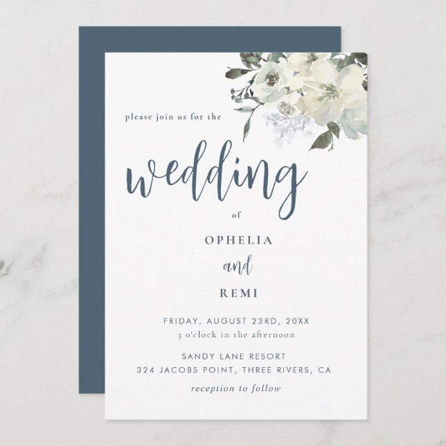 Modern Elegant Navy Blue Ivory Floral Wedding   Invitation (Front/Back)