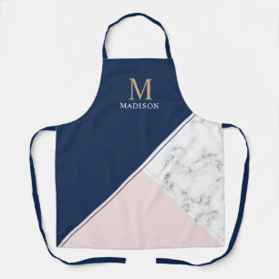 Modern elegant navy blue marble monogram apron