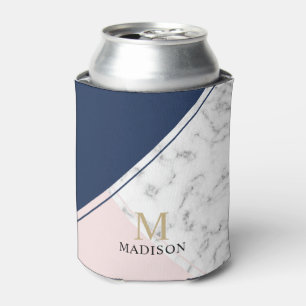 Modern elegant navy blue marble monogram can cooler