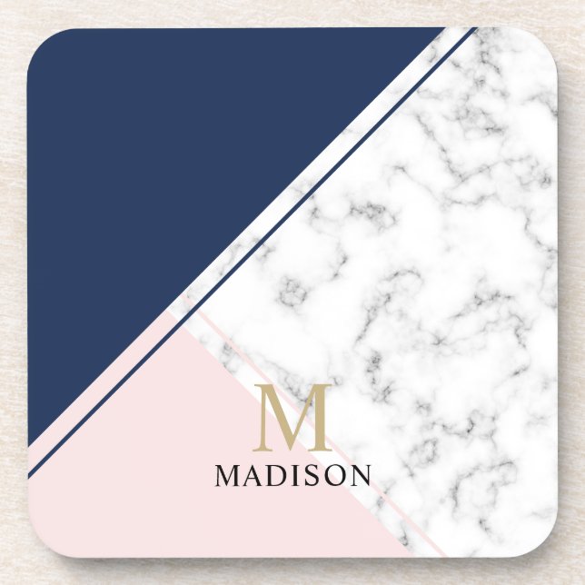 Modern elegant navy blue marble monogram coaster (Front)