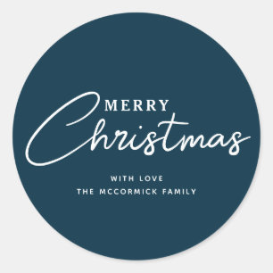 Modern Elegant Navy Blue Merry Christmas Name Classic Round Sticker