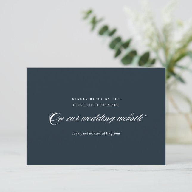 Modern Elegant Navy Blue Minimalist Wedding RSVP Card (Standing Front)