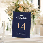 Modern Elegant Navy Blue Script Wedding Table Number<br><div class="desc">Modern Elegant Navy Blue Script Wedding Table Number. The card is modern and elegant in dark blue with a thin border and a script in white and peach colours. Customise each card separately for each table number and put it separately in your cart. Personalise all the text on the table...</div>