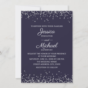 Modern Elegant Navy Blue Silver Glitter Wedding Invitation