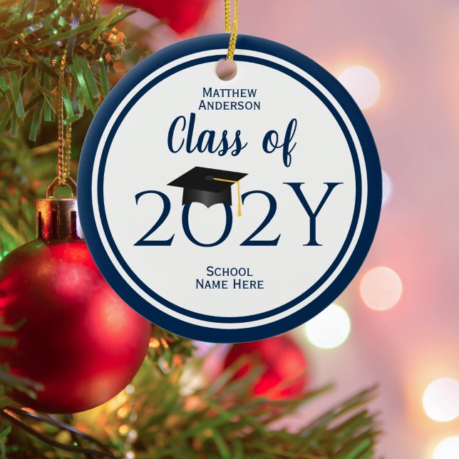 Modern Elegant Navy Blue Typography Graduation Ceramic Ornament (Creator Uploaded)