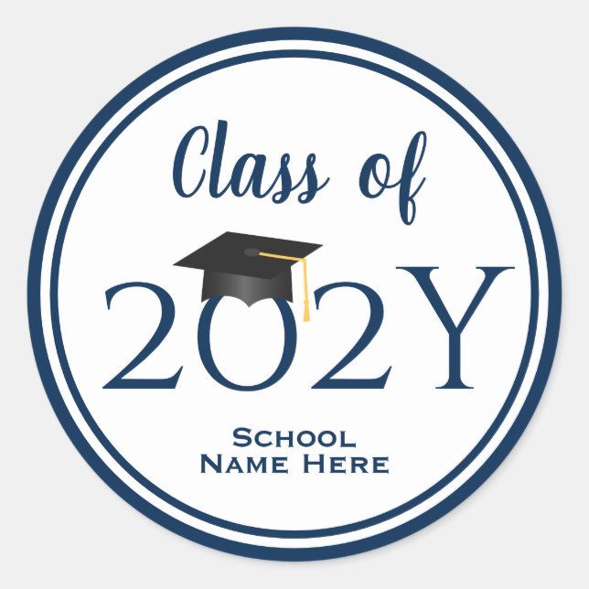 Modern Elegant Navy Blue Typography Graduation Classic Round Sticker (Front)