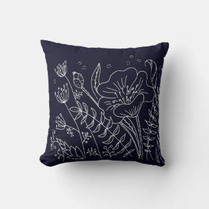 Modern Elegant Navy Blue White Flowers Cushion