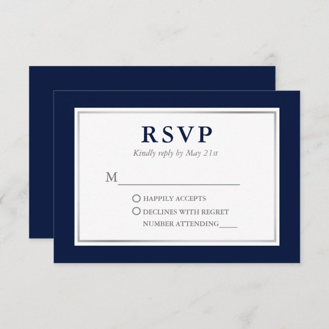 Modern Elegant Navy Blue White Silver RSVP Card (Front/Back)