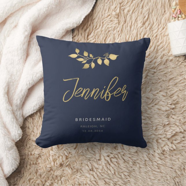 Modern Elegant Navy Gold Eucalyptus Bridesmaid Cushion (Blanket)