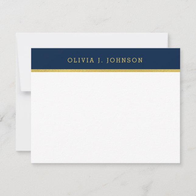 Modern Elegant Navy Gold Flat Note Card (Front)