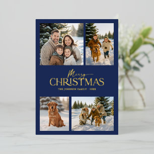 Modern Elegant Navy Merry Christmas Family Photo  Foil Holiday Card
