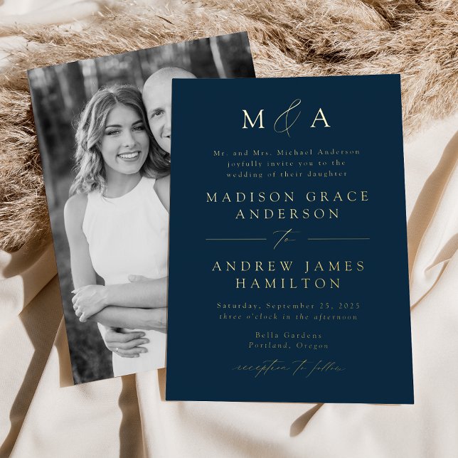 Modern Elegant Navy Monogram Photo Wedding (Creator Uploaded)