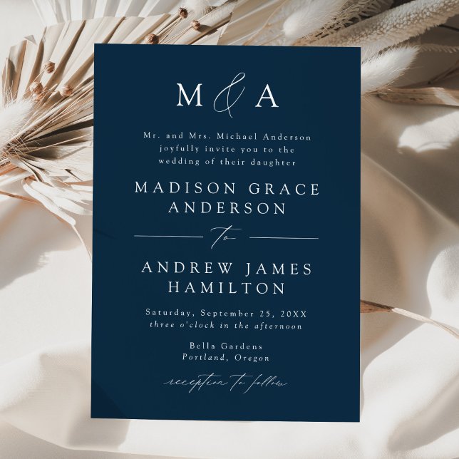 Modern Elegant Navy Monogram Wedding Invitation (Creator Uploaded)