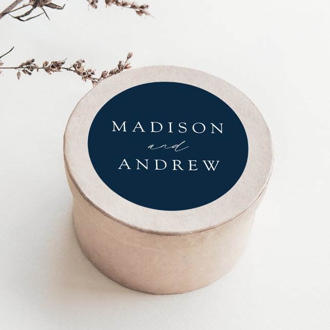 Modern Elegant Navy Personalised Wedding Classic Round Sticker (Creator Uploaded)