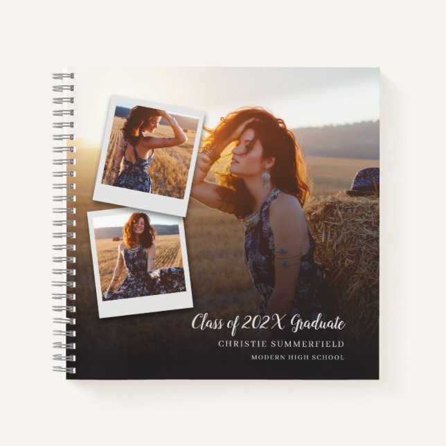 Modern Elegant Navy Script Photo Graduation Guest Notebook (Front)