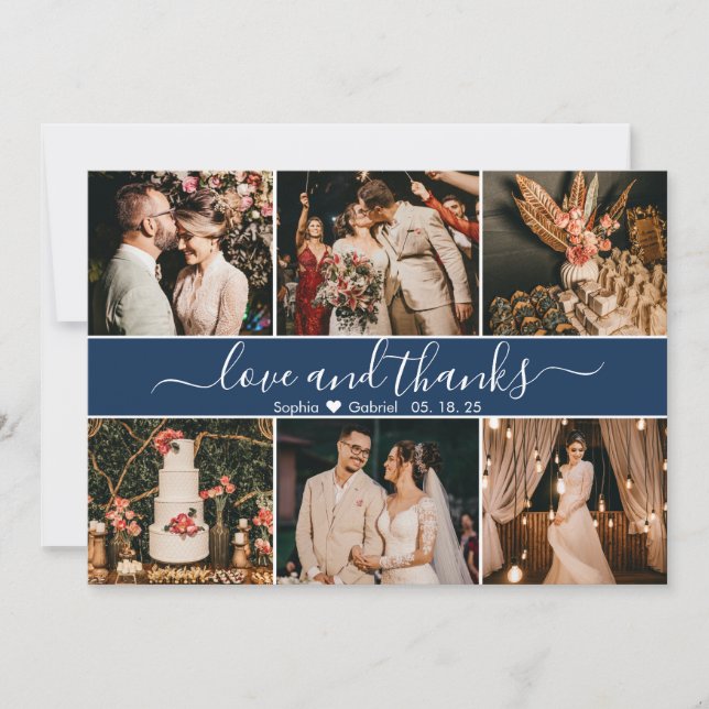 Modern Elegant Navy Typography 6 Photo Collage Thank You Card (Front)