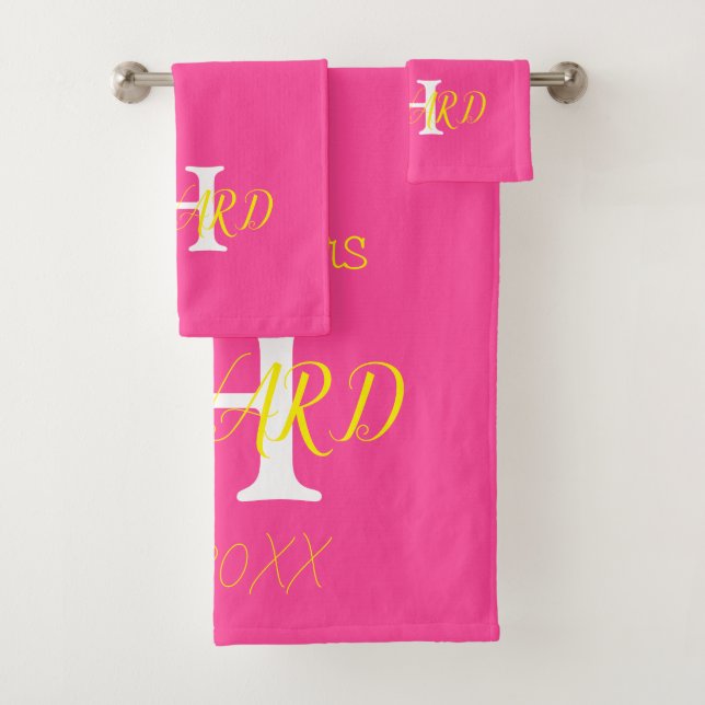 Modern Elegant Neon Hot Pink Yellow Wedding Bath Towel Set (Insitu)