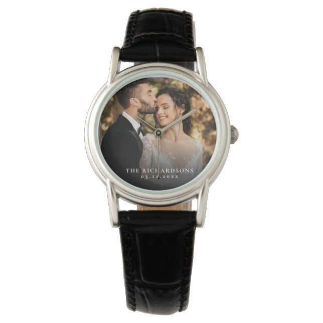 Modern Elegant Newly Wed Wedding Photo Anniversary Watch (Front)