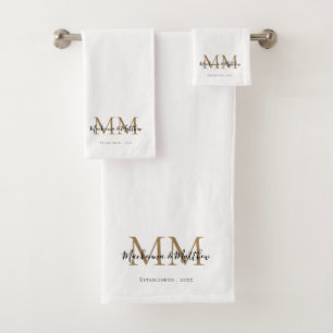 Modern Elegant Newlywed Black Gold White Monogram Bath Towel Set