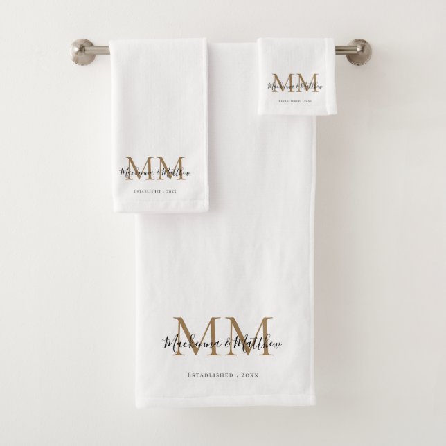 Modern Elegant Newlywed Black Gold White Monogram Bath Towel Set (Insitu)
