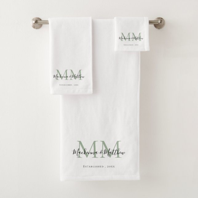 Modern Elegant Newlywed Monogram Initial Script Bath Towel Set (Insitu)
