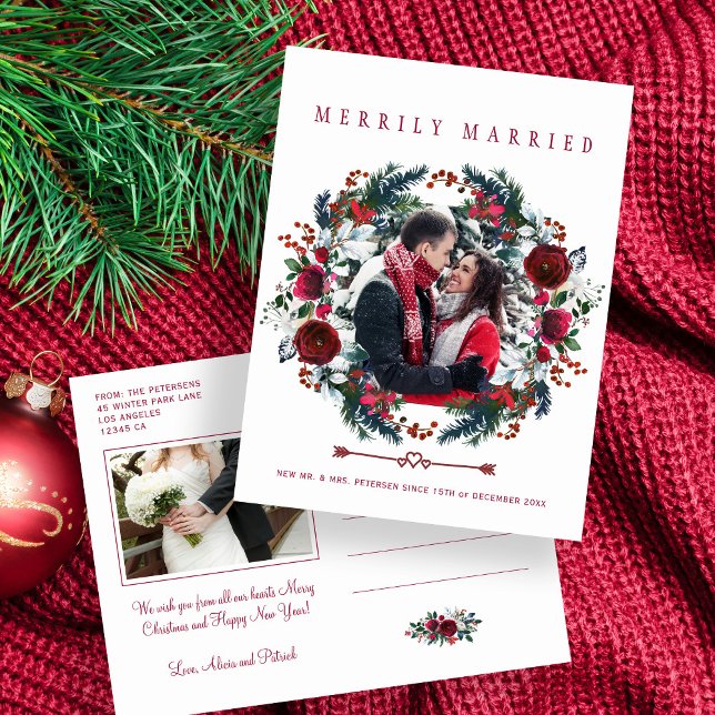 Modern elegant newlyweds couple Christmas photo Holiday Postcard (Creator Uploaded)