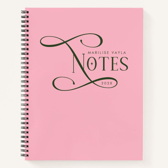 Modern Elegant Notes Personalized Green Pink Notebook (Front)