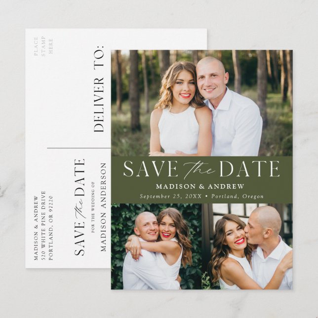 Modern Elegant Olive Green 3 Photo Save the Date Announcement Postcard (Front/Back)